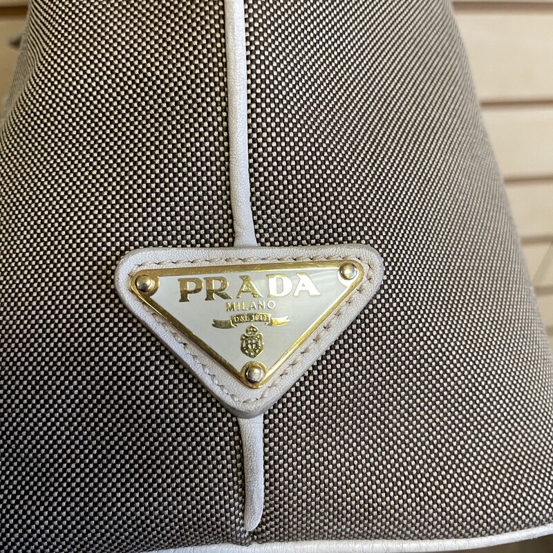 Prada Purse, Khaki Fabric with Cream Accents, Gold hardware and Picture Keychain, Prada Logo on Front, 1 Large Zippered Pocket and 1 Small Pocket Inside, Size: 11 1/2 x 6 x 14  Inches