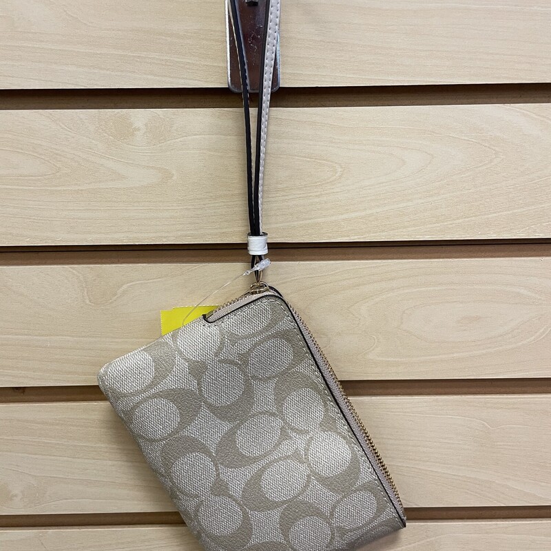 Coach Wristlet Wallet, Khaki with Cream Accents and Coach (C) Design, Brown Lining, Gold Hardware, Double Inside Pocket, Size: 4 x 6 inches