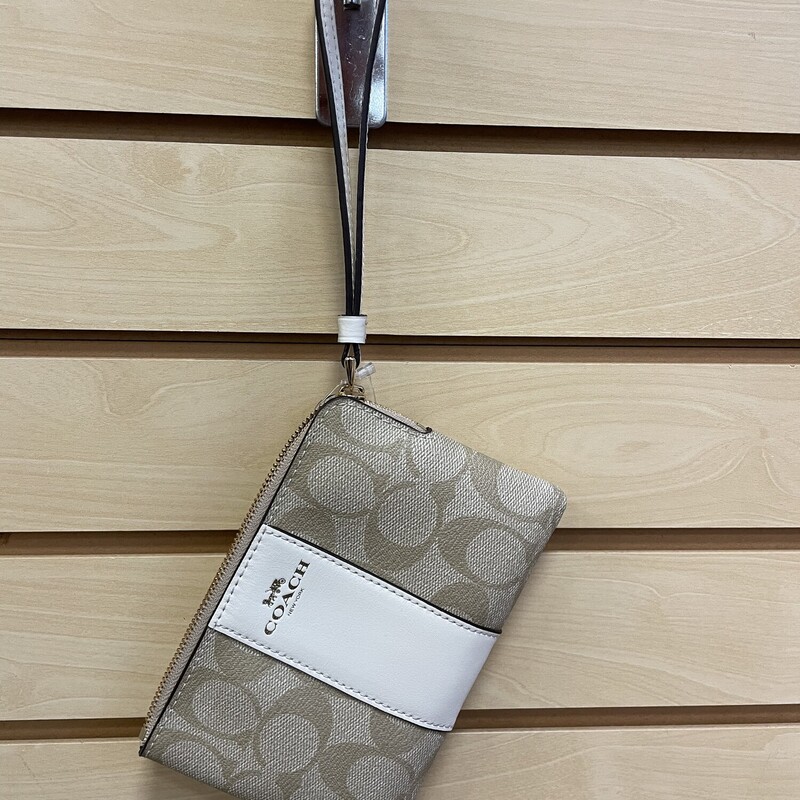 Coach Wristlet Wallet, Khaki with Cream Accents and Coach (C) Design, Brown Lining, Gold Hardware, Double Inside Pocket, Size: 4 x 6 inches