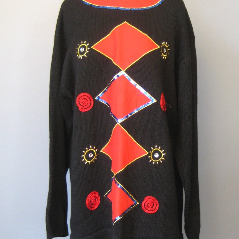 1980s B;acl Novelty sweater with a design on the front, rendered in applique, litter, gold beads and a sprinkling of rhinestones.
long sleeves
crew neck
cotton ramie blend
brand: Crevelle
made in Hong Kong
Marked size XL,
flat measurements:
shoulder to shoulder: 20
armpit to armpit: 23.25
length 24 1/2
undersarm sleeve seam: 16

excellent condition
thanks for looking!
#57394