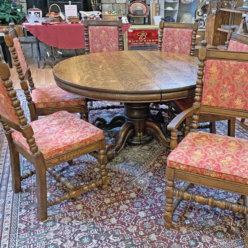 Oak Dining Table with Six Wood and Upholstered Chairs - $660.
54 In Round x 29 In Tall.
Fifth leg underneath.