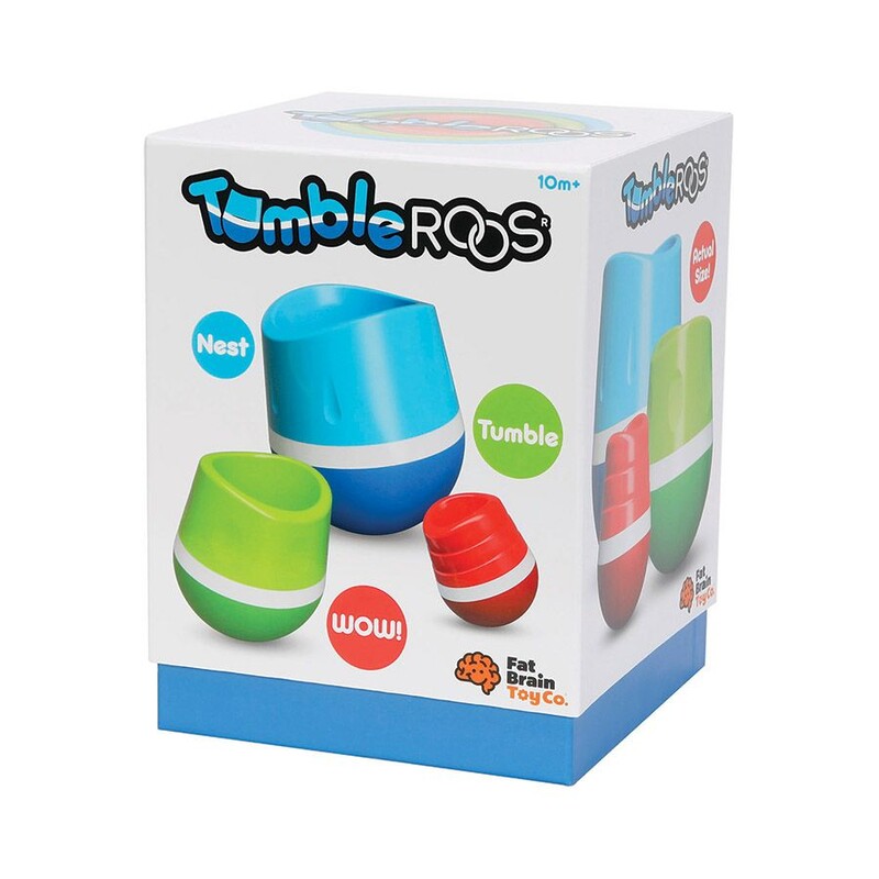 Product Description

Nest, tumble, WOW!

Each TumbleRoo features a weighted base for wonderful wobbling, a concave top for nesting, and unique, subtle textures to feel and explore.

Nest the smallest inside the other two - The moment you let go, the whole stack tips over and they all tumble apart, one at a time, to rock and wobble around and around.

Little ones can't wait to nest and tumble again and again!

Wiggly wobbly action is sure to launch the little ones into hours of tactile fascination with TumbleRoos.

TumbleRoos
Set of 3 wobbly toys to nest and tumble
Encourages fine motor skills, spatial reasoning, tactile exploration
Nest the smallest inside the other two
Let go and watch them tumble apart and wobble, one at a time!
Unique, subtle textures to explore
Bright colors fascinate the eyes
Includes 3 TumbleRoos - Large, medium, small
Largest measures 4 inches in diameter, 4.25 inches tall
BPA-free
High-quality materials and construction