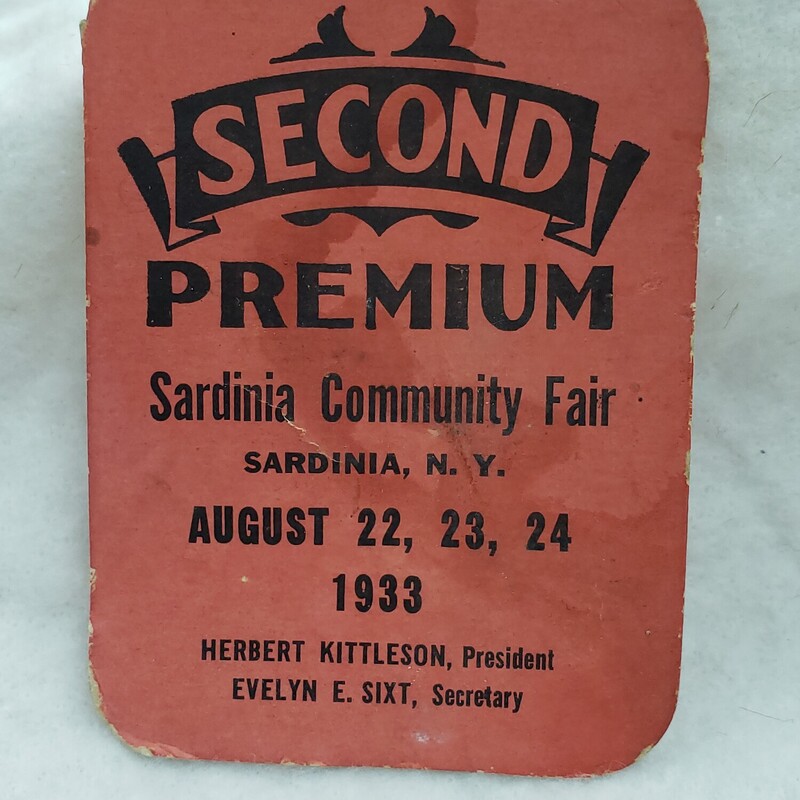 Sardinia Fair Premium Award, Red. Second Premium, 1933