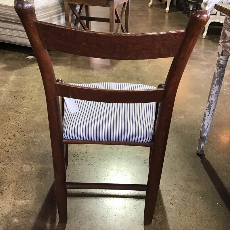 This Wooden Chair has been updated with blue Striped Upholsteed Seat.