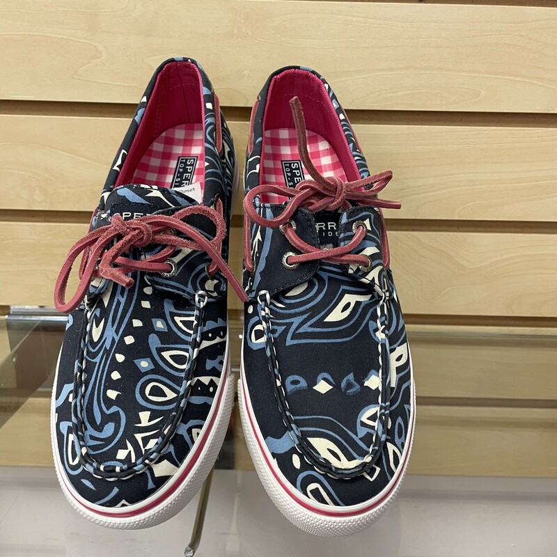 Sperry Canvas Loafers, Navy with a Paisley Design and a Leather Cord, Size: 7.5