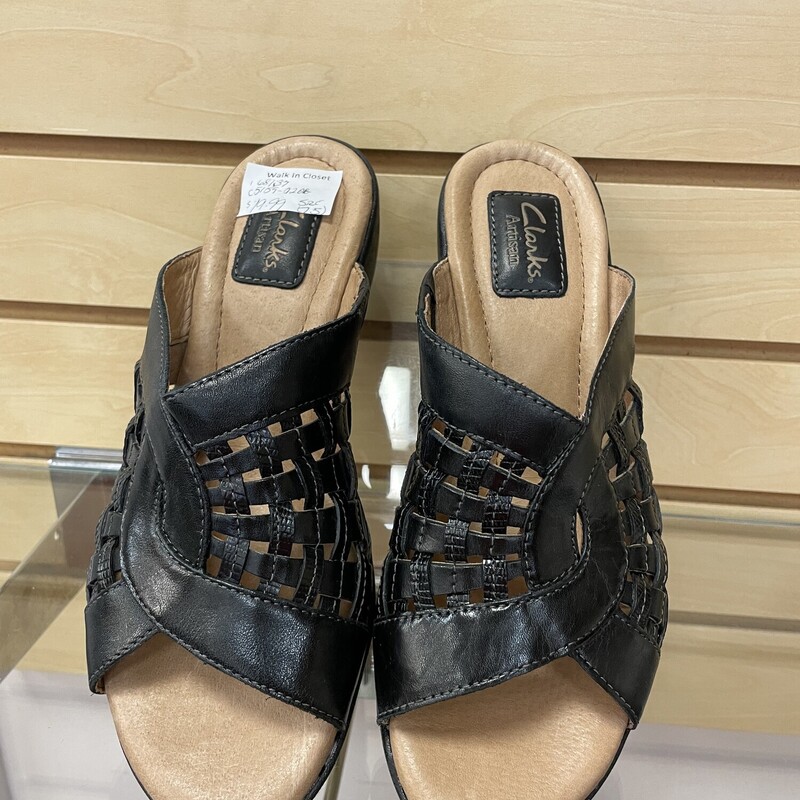 New Clarks Leather Sandals, Basket Weave Design, Black, Size: 7.5