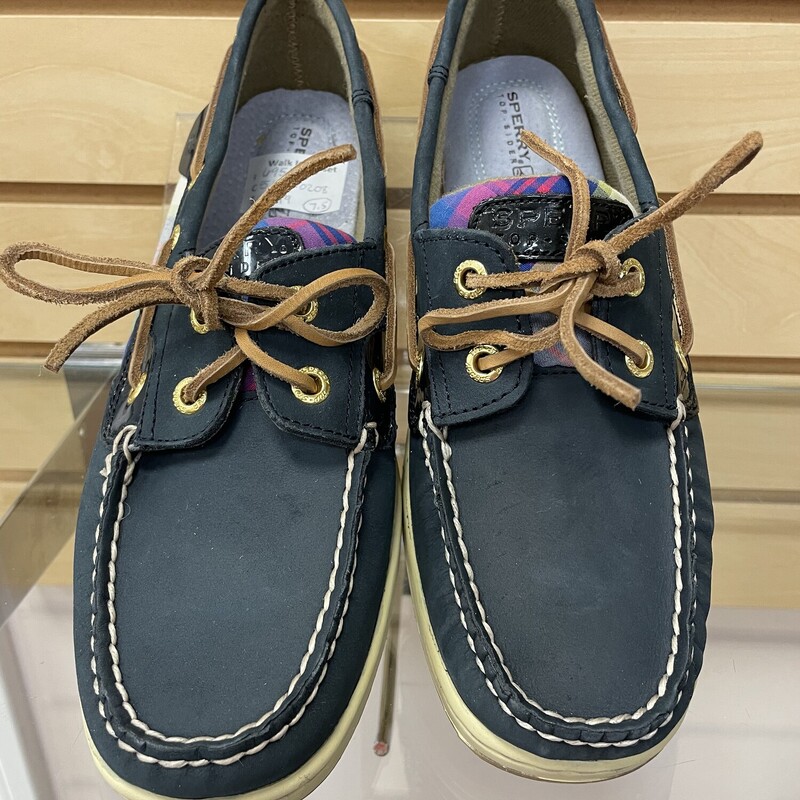 New Sperry Leather & Canvas Loafer, Navy and Plaid with a Leather Cord, Size: 7.5