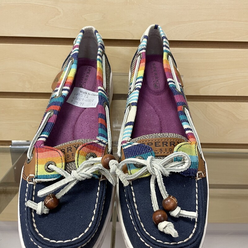 New Sperry Canvas Loafers, Navy & Khaki with Rainbow Stipes and a Leather Cord, Size: 7.5