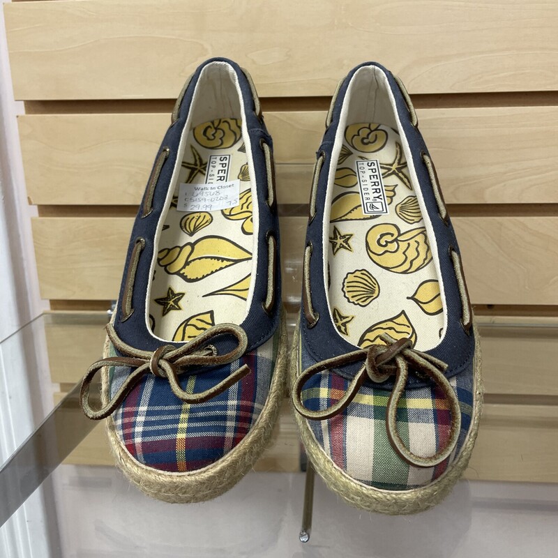 New Sperry Canvas Flat Espadrilles, Navy and Plaid with Leather Cord, Size: 7.5