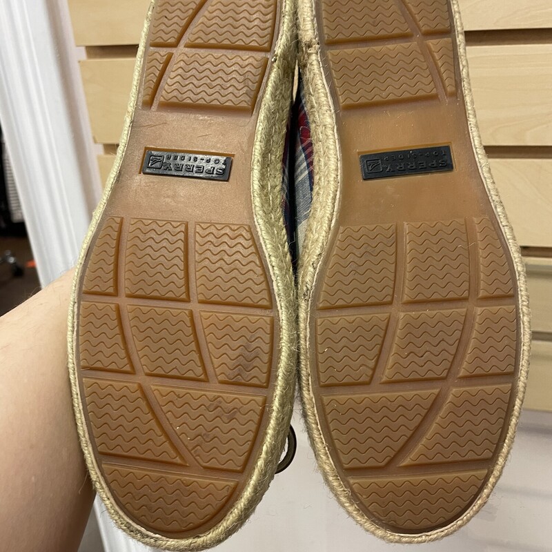 New Sperry Canvas Flat Espadrilles, Navy and Plaid with Leather Cord, Size: 7.5
