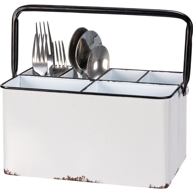 Six Section Caddy, White,<br />
SKU: 114164<br />
A metal caddy from our Farmhouse Collection featuring an enamel-like finish and distressed details for added interest. Caddy features two large and four small compartments for optimal organization.<br />
Dimensions:	9.50 x 5 x 6.25<br />
Material:	Metal<br />
UPC:	190134141646<br />
Artist:	Primitives by Kathy