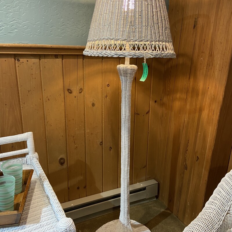 White Wicker Floor Lamp,
Size: 61in. tall
Wicker base and shade.  The shade disperses the light beautifully. Very sturdy.
 Outdoor furniture cover comes with this item.