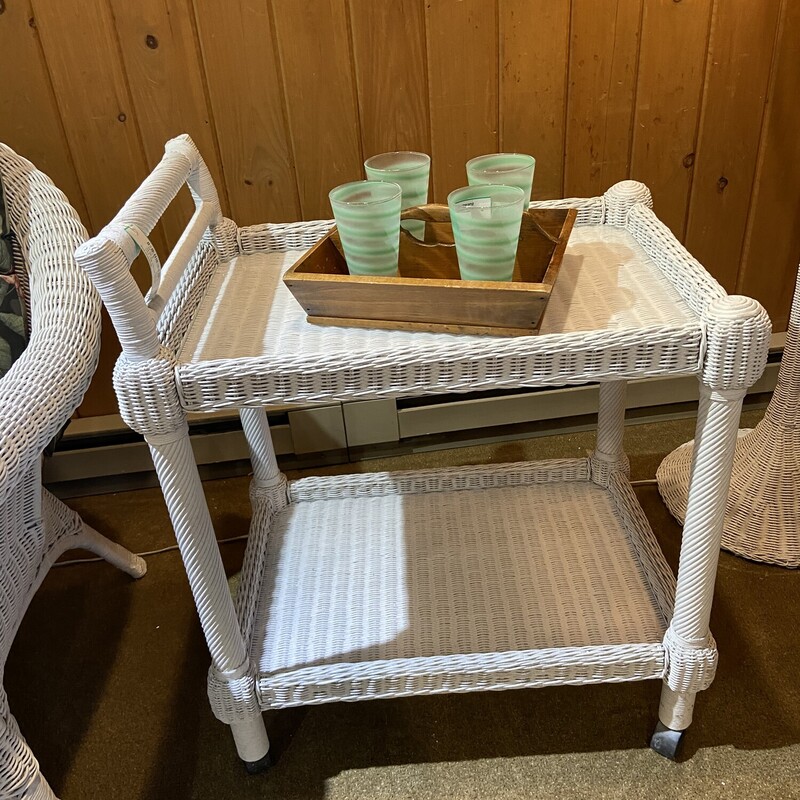 White Wicker Bev Cart
 Size: 26x18x31
A fun way to create a portable bar or simply create some sliding storage.
This piece has a plexiglass bottom to create a level
surface.
 Outdoor furniture covers come with the item.