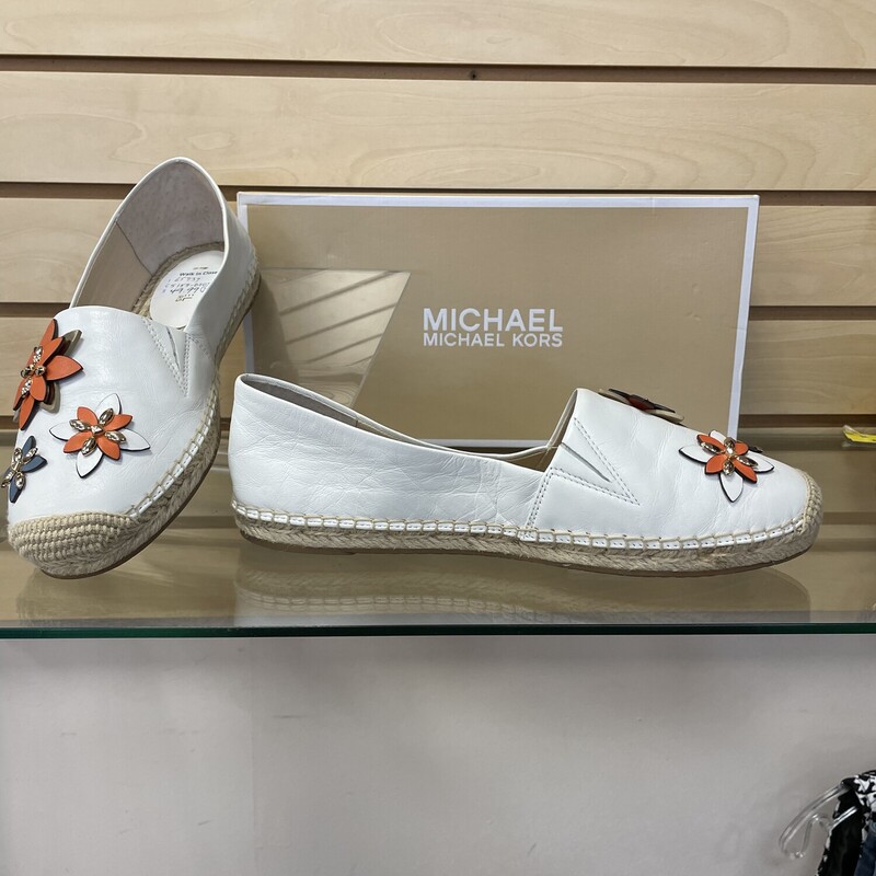 New Michael Kors Slide On Espadrilles, White Leather with Orange and Blue Flower Accents, Size: 7.5