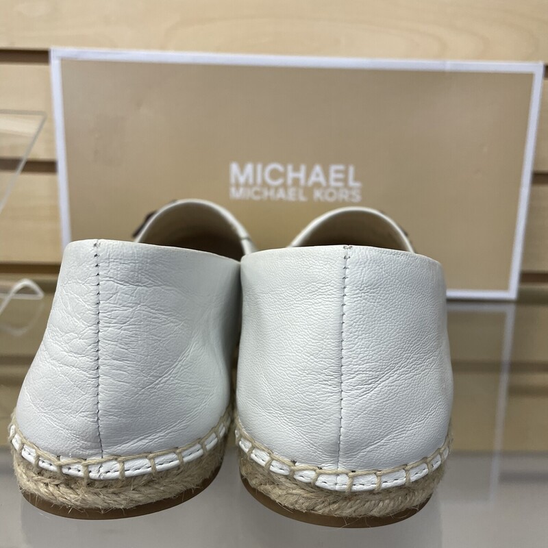 New Michael Kors Slide On Espadrilles, White Leather with Orange and Blue Flower Accents, Size: 7.5