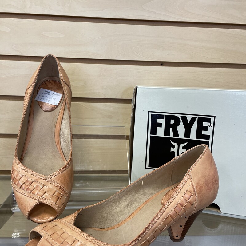 Frye Peep Toe Pumps, Tan Distressed Leather, Wooden Heel, Woven Pattern Around the Side, Some Wear on the Bottom, Size: 7.5