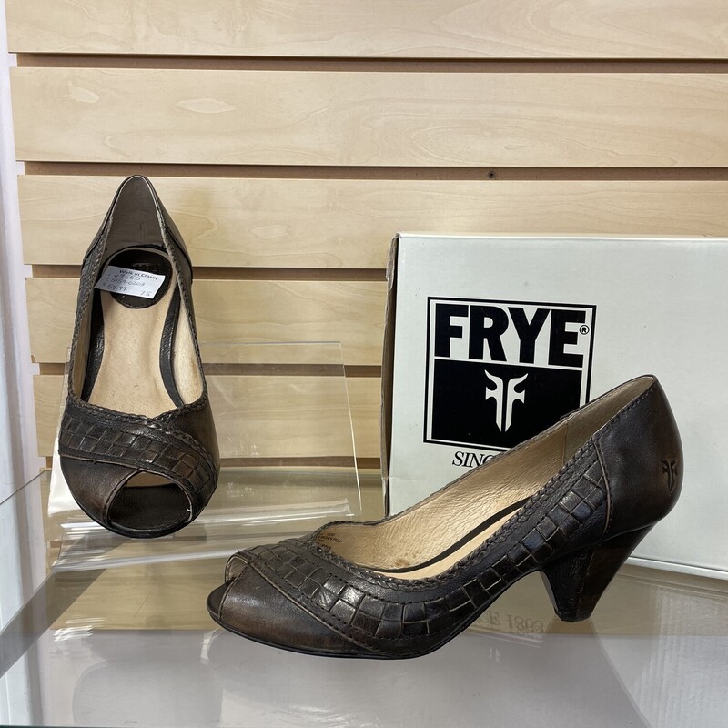 Frye Peep Toe Pumps, Brown Distressed Leather, Wooden Heel, Woven Pattern Around the Side, Some Wear on the Bottom, Size: 7.5