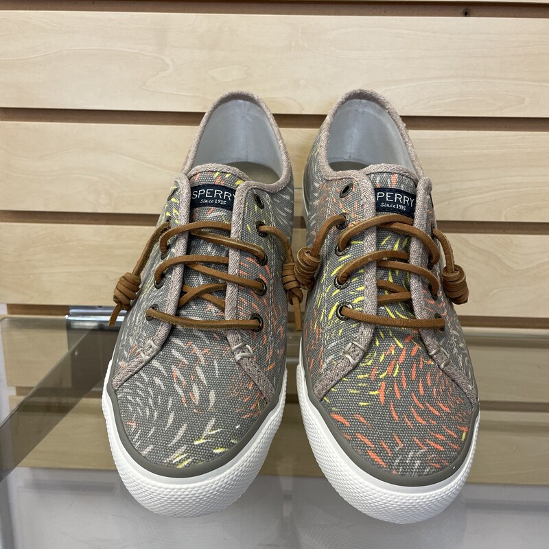 New Sperry Sneaker, Khaki Canvas with a Yellow, Orange, and Light Brown Swirl Design, Leather Laces, Size: 7.5