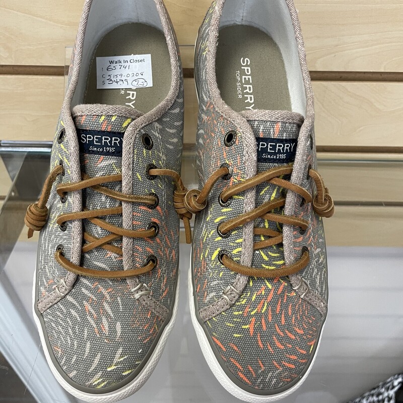 New Sperry Sneaker, Khaki Canvas with a Yellow, Orange, and Light Brown Swirl Design, Leather Laces, Size: 7.5