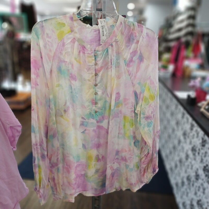 Loving this blouse!!!! Super lightweight and airy, white background with soft floral design and has a half front button up and elestic cuffed sleeves. Brand new with tags from Adyson Parker