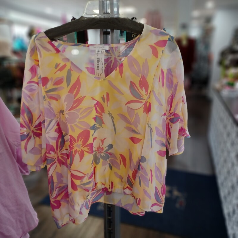This beautiful blouse is done in a soft yellow with magenta, white, lavender and blue flowers. It is sheer in the sleeves and back but double paneled on the front for coverage. Brand new with tags it retails for $40!