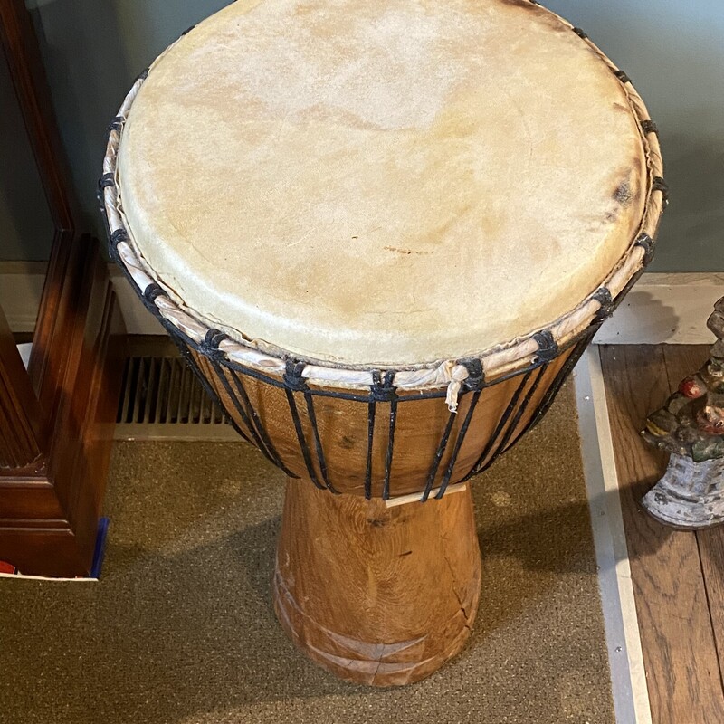 Djembe African Drum, hand carved bottom with Goat Skin

Has Pins to change the sound

 26H14W