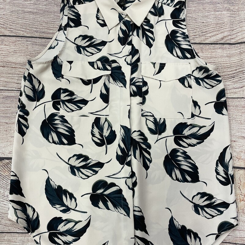 Ann Taylor Sleeveless Blouse, Cream with a Dark Teal Leaf Pattern, Front Pockets and a Hidden Button Up Front, Size: Small