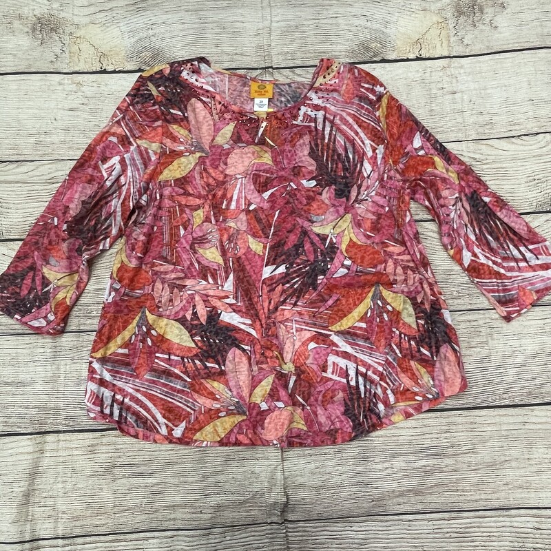 Ruby Rd Top, 3/4 Sleeve, Pink Floral Pattern with Rhinestones Around the Neckline, Size: 2x