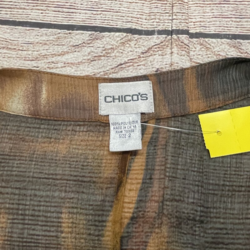 Chicos Sheer Top, SS, Brown and Tan Stripes, Long V-Neck, Elastic Waist, Size: Large (Chicos 2)