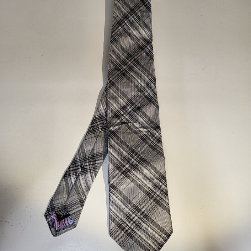 100% Silk Tartan Tie, Grey & Back in excellent preloved condition!