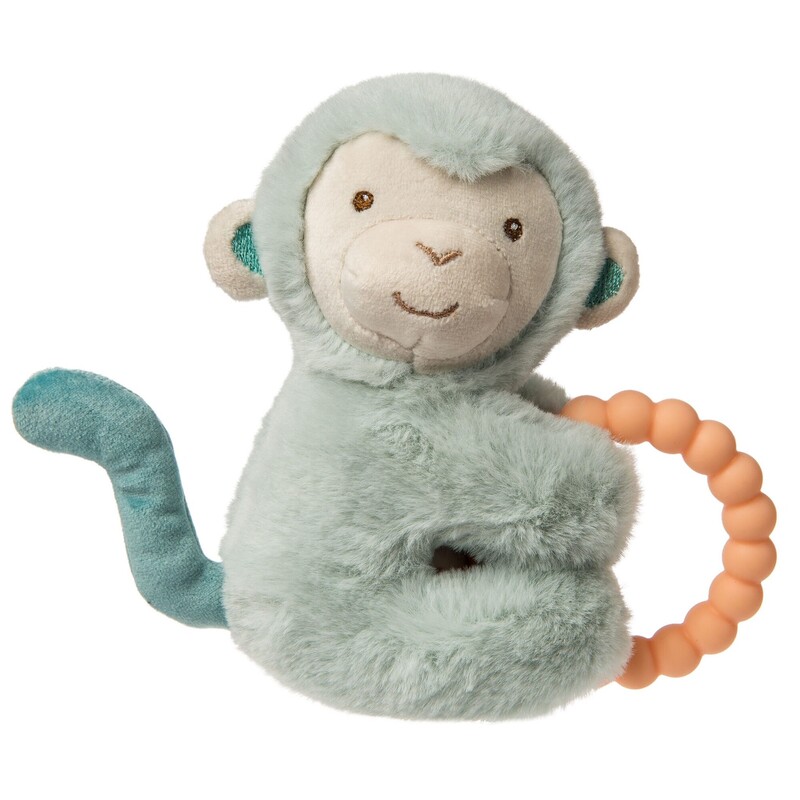 A rattle on the inside, and a silicone teether on the outside make this monkey both stimulating and soothing.

Features
6
Perfect size and shape for little hands to shake
Peach bead-like one-piece silicone teether sewn-in
Soft plush body
BPA, PVC, and Phthalate free
Soft rattle inside
All embroidered details
Care
Machine wash, air dry