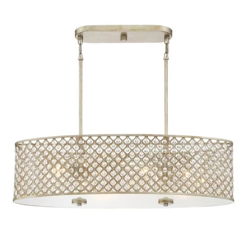 Quoizel Juliana 4 Light Hanging Crystal Chandelier
Silver Gold Size: 32 x 9H
Retails: $229.00
With a touch of class, this sparkling, airy design comes together to create the beautiful Juliana collection. The laser-cut metal shade is painted in a gold finish and the intricate rosettes are accented with a multitude of radiant crystals. The drops dangle from each open space for an elegant and dramatic look.