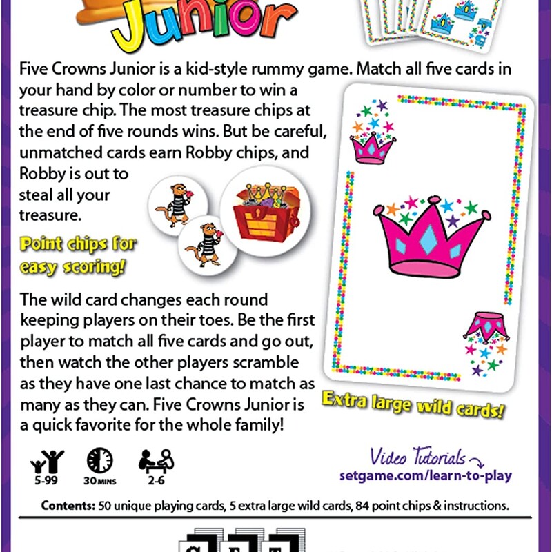 Five Crowns Junior, 5-99, Size: Game<br />
<br />
Five Crowns is a kid-style rummy card game that the whole family will enjoy! Match your hand by color or number to earn treasure chips! It's educational and fun, teaching critical thinking and math skills while also building self esteem! It's an addictive family game that provides great interaction for kids and adults! For 2 to 6 players.<br />
Features: Card Game<br />
Genre: Mystery, Strategy<br />
Number of Players: 2 Players, 3 Players, 4 Players, 5 Players, 6 Players<br />
Play Time: 30 minutes