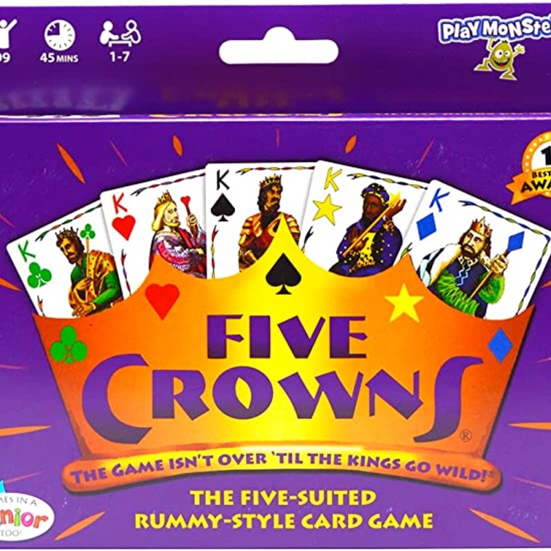 Five Crowns, 8-99, Size: Game

Five Crowns is rummy with a twist. The set collection aspect of rummy is the same groups of 3 cards in either runs or denominations making a valid meld. The number of cards increases, from 3 in the first hand to 13 in the last for a total of 11 hands. In each of these hands there are 6 Jokers, and wild cards determined by which hand it is. A hand finishes when someone melds all cards in their hand. The game isn't over 'til the Kings go wild!