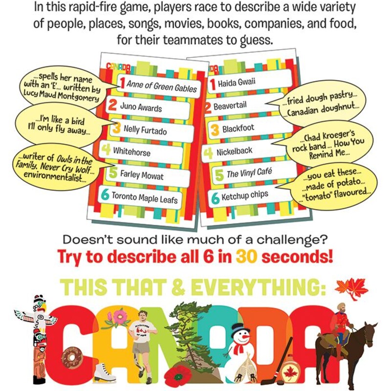 Canada This That & Everyt, 12+, Size: Game<br />
<br />
This That & Everything: Canada is all aboot famous landmarks, iconic people, cultural influences and more. Players race to describe people, places and things related to Canada for their teammates to guess - in 30 seconds or less! The game includes 100 double-sided cards with six subjects per card, a score pad, pencil, and 30-second sand timer.