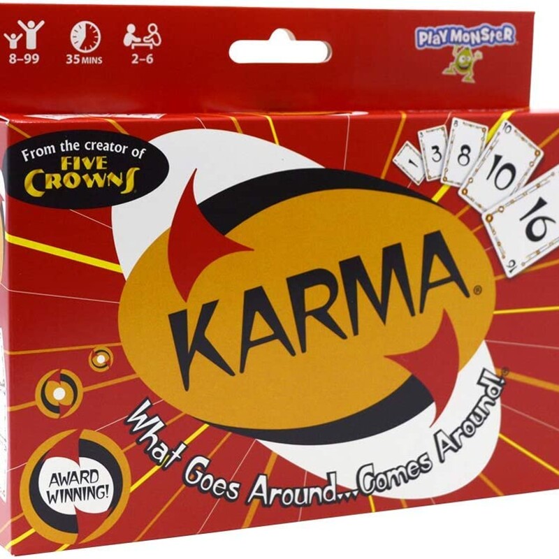 Karma Card Game, 8-99, Size: Game

What Goes Around…Comes Around!®

Karma is playfully competitive and infectiously fun! Race to get rid of all your cards by playing a card of equal or higher value, but watch out…if you can’t play a card, you have to take the whole discard pile! Luckily, there are Karma cards that could get you out of trouble…and maybe cause trouble for someone else! Use them wisely, because “what goes around comes around”! It’s a game of elimination, with multiple winners, and is a blast for the whole family! For 2 to 6 players (combine two games to accommodate up to 12 players).