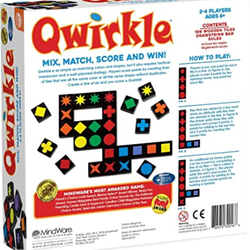 Quirkle is as simple as matching colors and shapes, but it also requires tactical maneuvers and a well-planned strategy.  Players score points by creating lines of tiles that are all the same colour or all the smape shape-without duplicates.  Create a line of six and you score a Quirkle.
Ages 6+
2-4 players