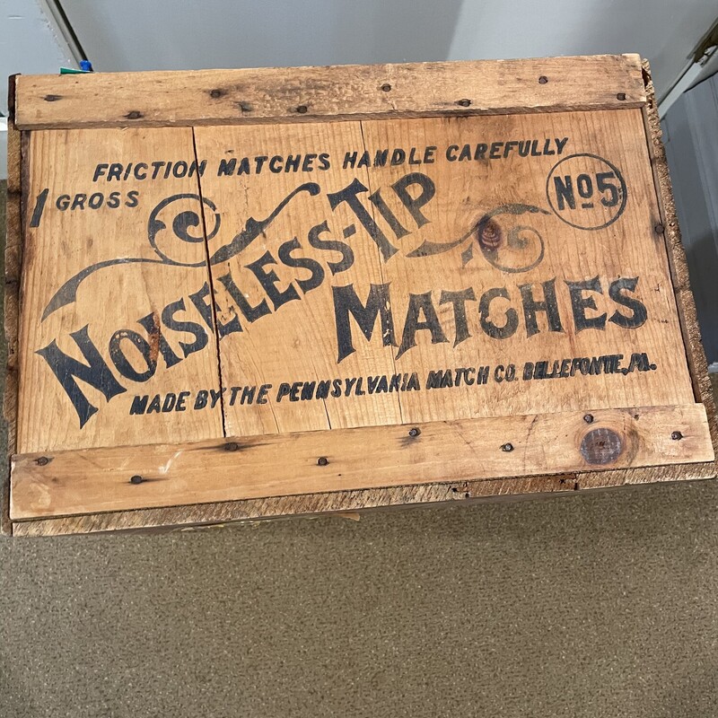 Noiseless-Tip Matches Crate,
Size: 22x18x12
This certainly brings you back.  A great size crate with the advertising on the end.
Great for an end table or wood box!