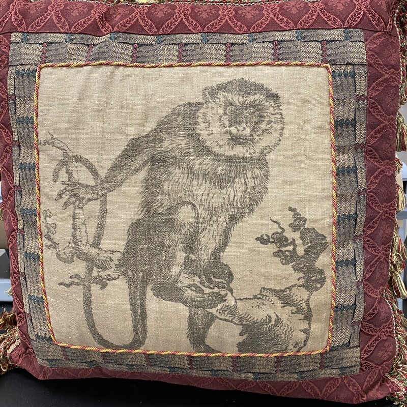 Monkey Print Pillow W/Fringe, Burgundy, Size: 18x18 Inch