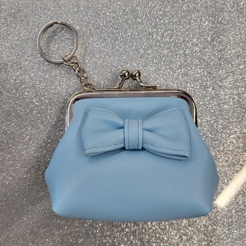 Cute Blue Non Leather Coin Purse with Bow, Bobble Clasp, and Key Chain