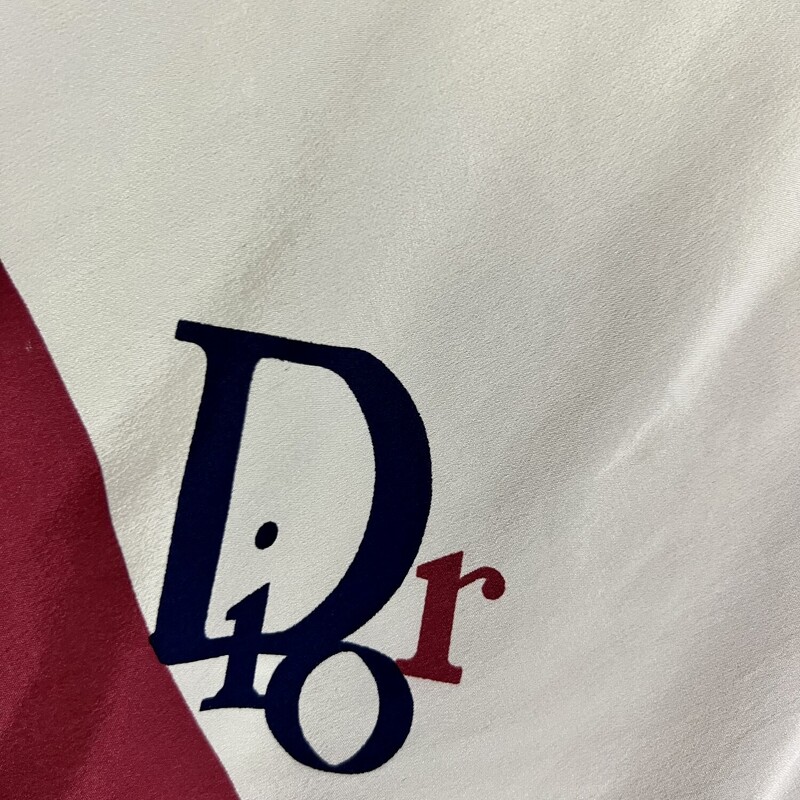 DIOR<br />
<br />
This is an authentic DIORL Silk Printed Square Scarf. This elegant scarf is crafted of 100% silk.<br />
Size:<br />
Length: 34 in<br />
Height: 34 in<br />
Does have a small color transfer, no snags