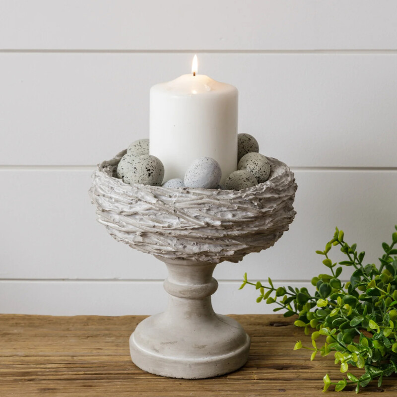 This pretty cement  nest pillar is peferct to add to any decor with so many ways to use it.
Fill it with eggs, moss, birds, candles or any of our half spheres
This pillar measures 7 inches high and  7.5 inches in diameter