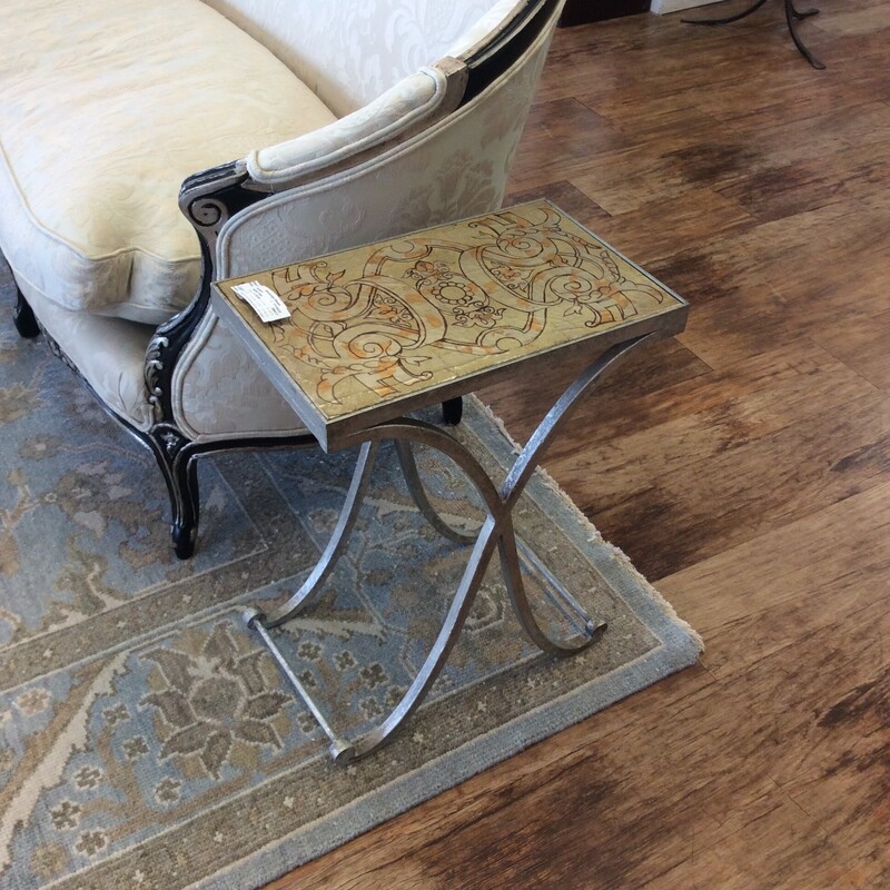 This is a beautiful metal side table with a crackle painted top.