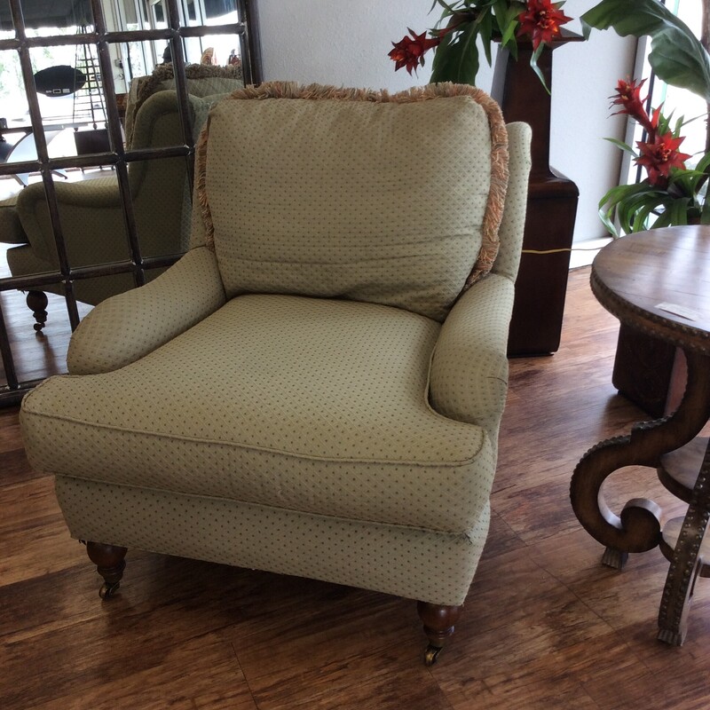 This is a beautiful green and gold Century Chair with down cushions.