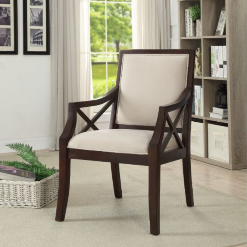 Modern X-Arm Accent Chair
Dark Brown Wood with Creme Upholstery
Size: 25x28x39H
NEW
Retail $635+
Matching Chair Sold Separately