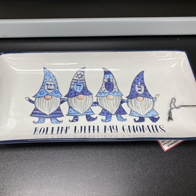 Rollin With My Gnomies Platter, Blue/Wht, Size: 12x6 Inch