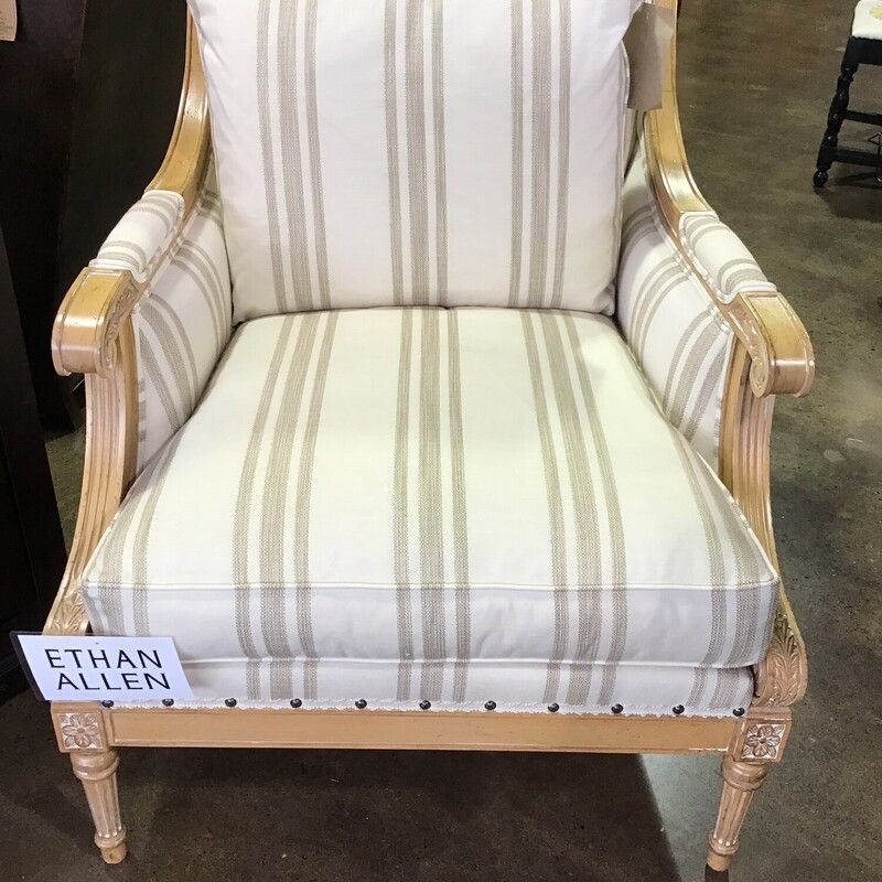 This striped chair from Ethan Allen is in excellent condition and is oh so comfy! It features Featherblend in the cushions (both are flippable) and a light wood carved frame. The upholstery is cream with taupe stripes. Great in a family room, office or bedroom!
Dimensions are 29 in x 36 in x 35 in