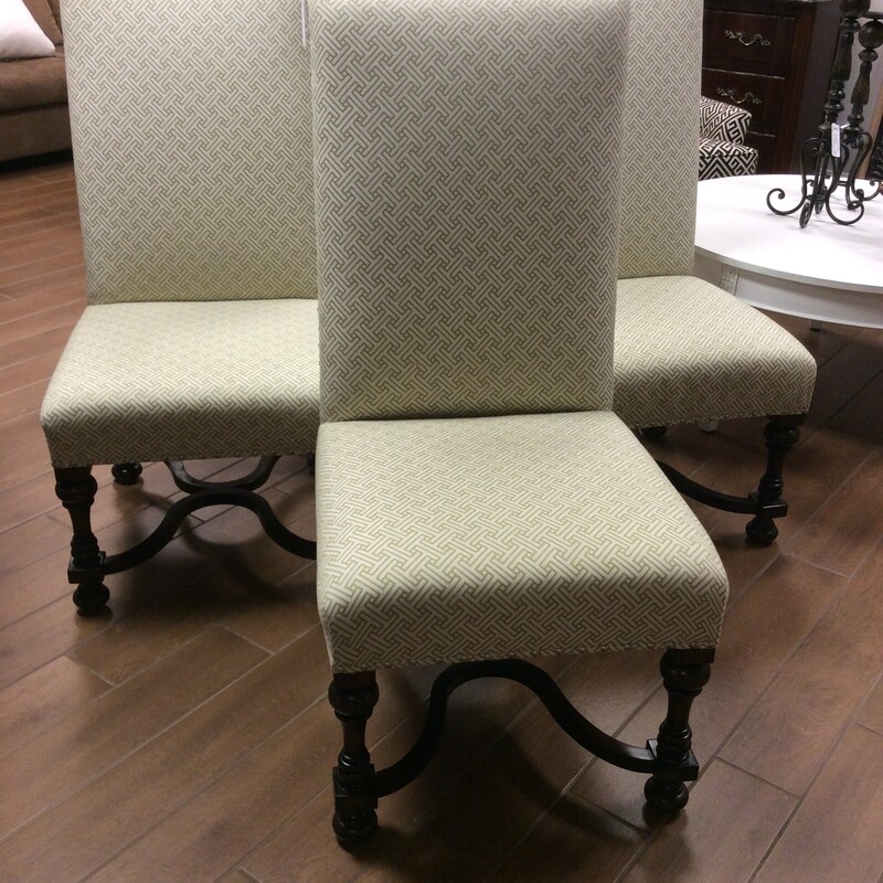 BARGAIN ALERT! This set of 4 hgh back chairs are being sold \"as is\". Upholstered in greeney gold and cream with a nailhead trim.