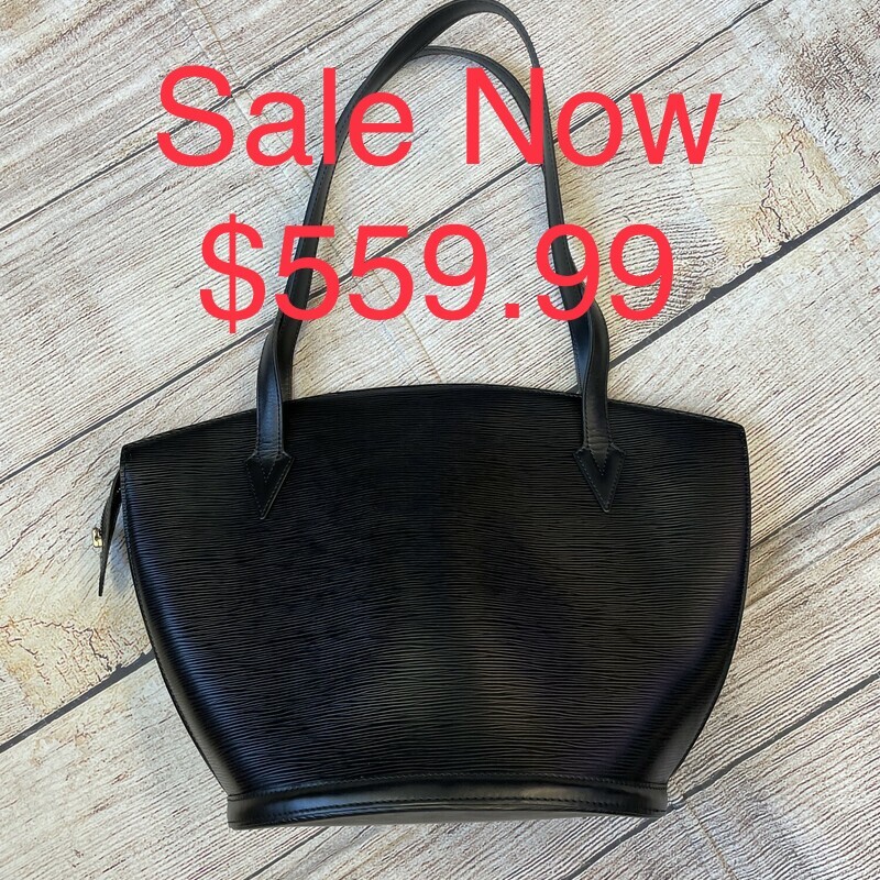 Sale!! was $699.99 NOW $559.99

Louis Vuitton LV Saint Jacques Epi purse  Black, Oval Shape bottom.  Retial price $1400.00. This bag is in great condition.  There is a small mark on the inside, see pics , Black Leather, Gold-Tone Hardware, Dual Shoulder Straps, Some Staining On The Suede Lining At The Bottom, Zip Closure at Top.

Details, Shoulder Strap Drop: 11 inches, Height: 20.25 inches, Width: 13.5 inches, Depth: 0.5 inches.

*Additional shipping and insurance rates will apply. A separate invoice will be sent due to the value of this item.