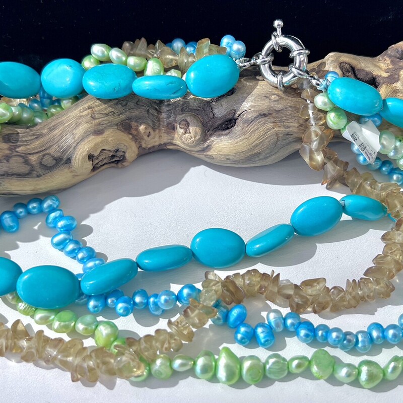 4 Strand necklace with 2 strands of blue & Green Pearls